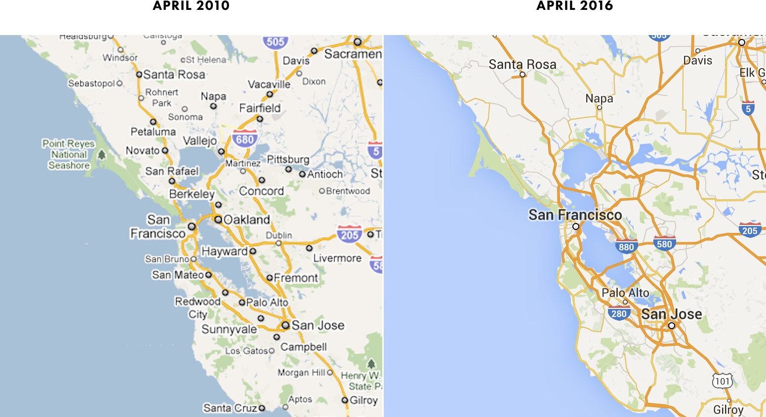 Bay Area Map Google San Francisco Bay Area Map HZVVND Google Maps Bay Area 2010 Vs 2016 